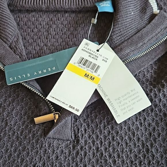 Perry Ellis Black Waffle Knit Long Sleeve Pullover 1/4 Zip Sweater Sz M New - Picture 12 of 14